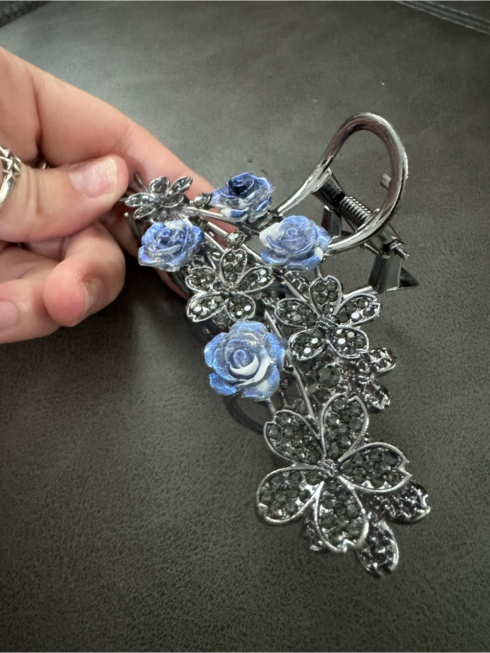 Silver Floral Hair Clip with Blue Rose Accents